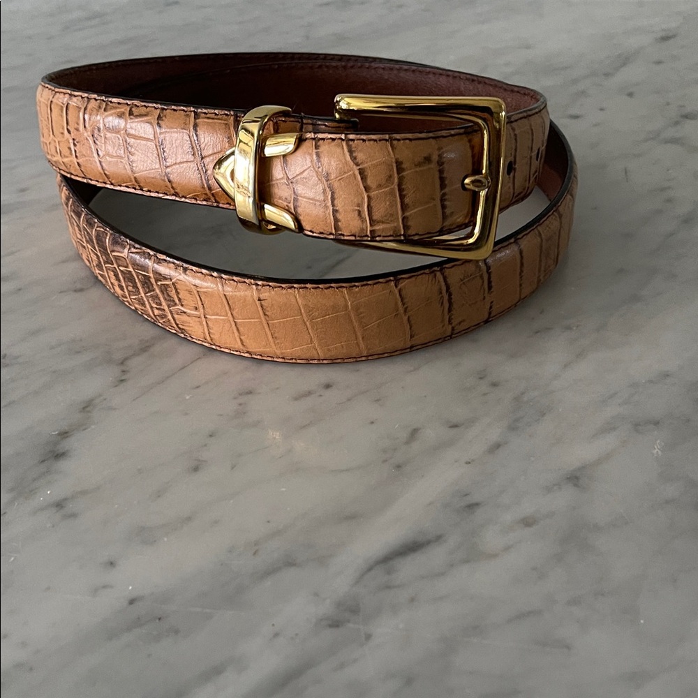 Tan Crocodile Embossed Italian Leather Brass Buckle Men’s Belt Western Americana